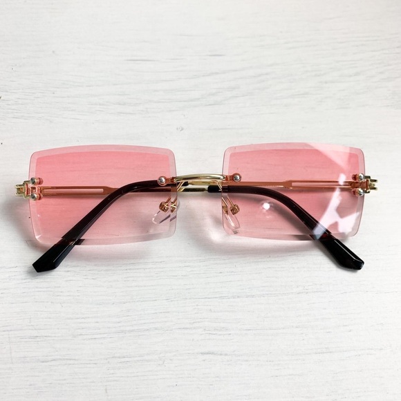Vintage Rimless Rectangle Pink Tinted Lens Gold Metal Frameless Sunglasses - Picture 5 of 5